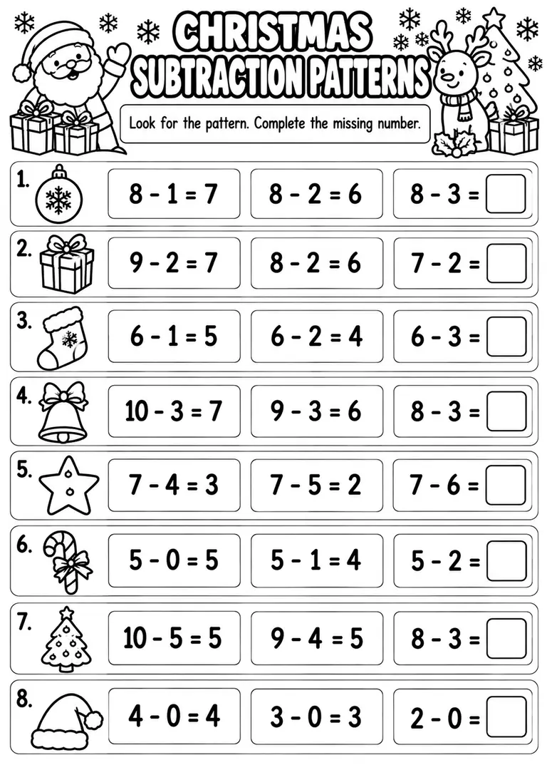 Christmas Subtraction Patterns for Kindergarten, 1st Grade