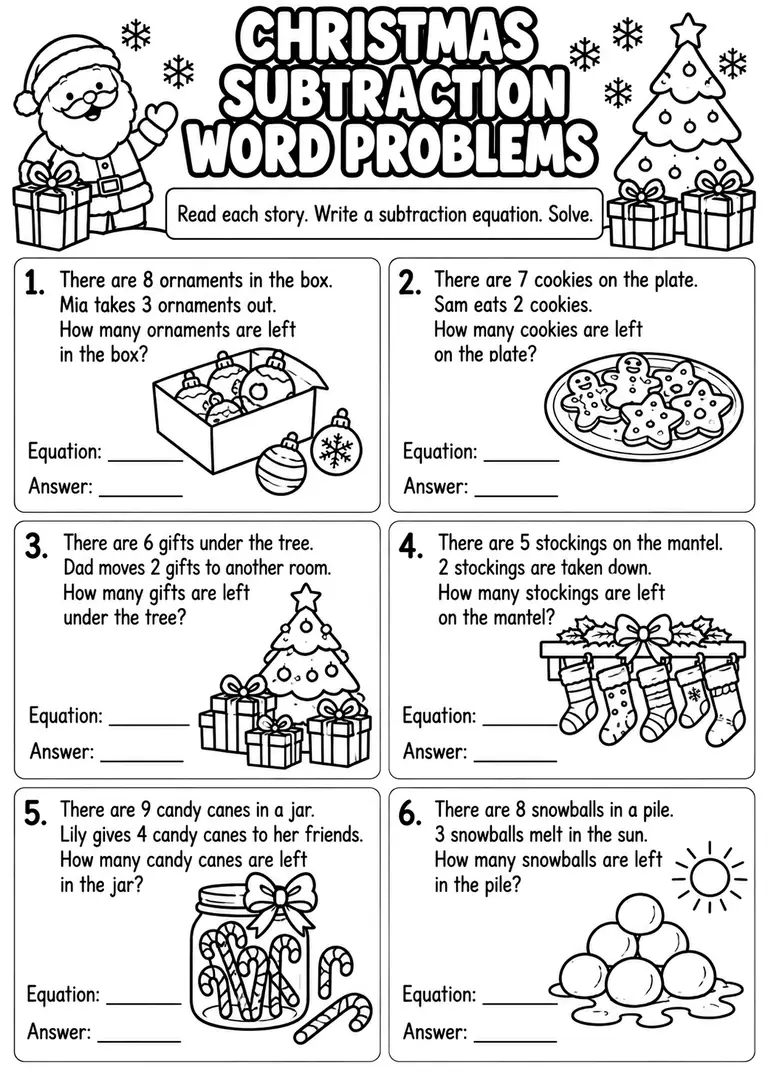 Christmas Subtraction Word Problems for Kindergarten, 1st Grade