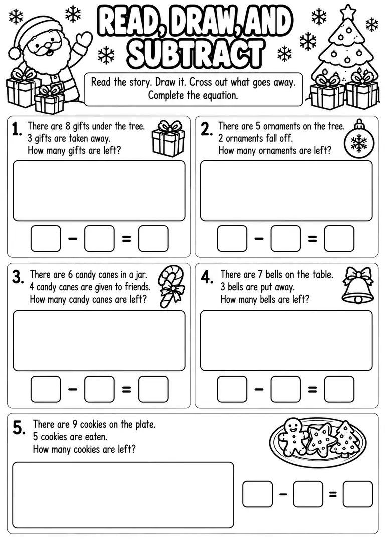 Read Draw and Subtract Christmas Stories for Kindergarten, 1st Grade