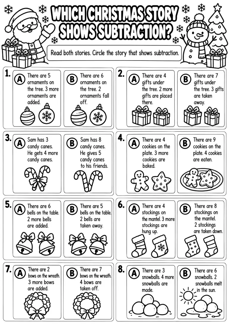 Which Christmas Story Shows Subtraction? for Kindergarten, 1st Grade