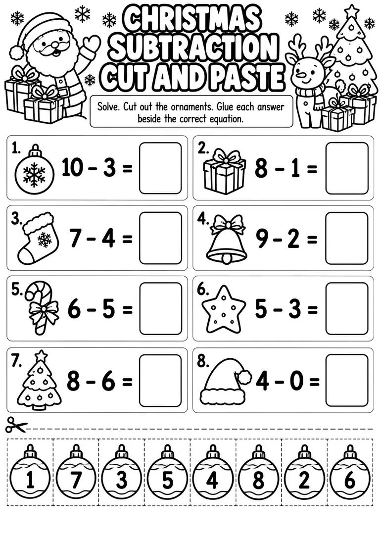 Christmas Subtraction Cut and Paste for Kindergarten, 1st Grade