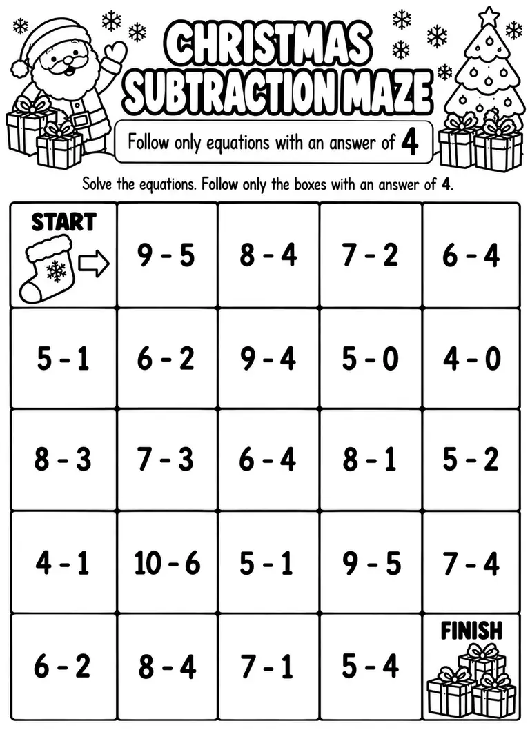 Christmas Subtraction Maze for Kindergarten, 1st Grade