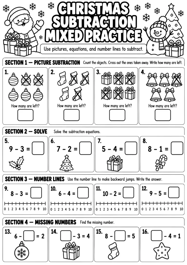 Christmas Subtraction Mixed Practice for Kindergarten, 1st Grade