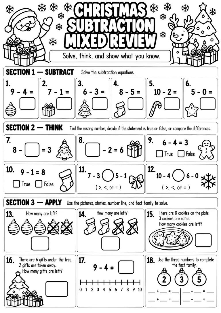 Christmas Subtraction Mixed Review for Kindergarten, 1st Grade