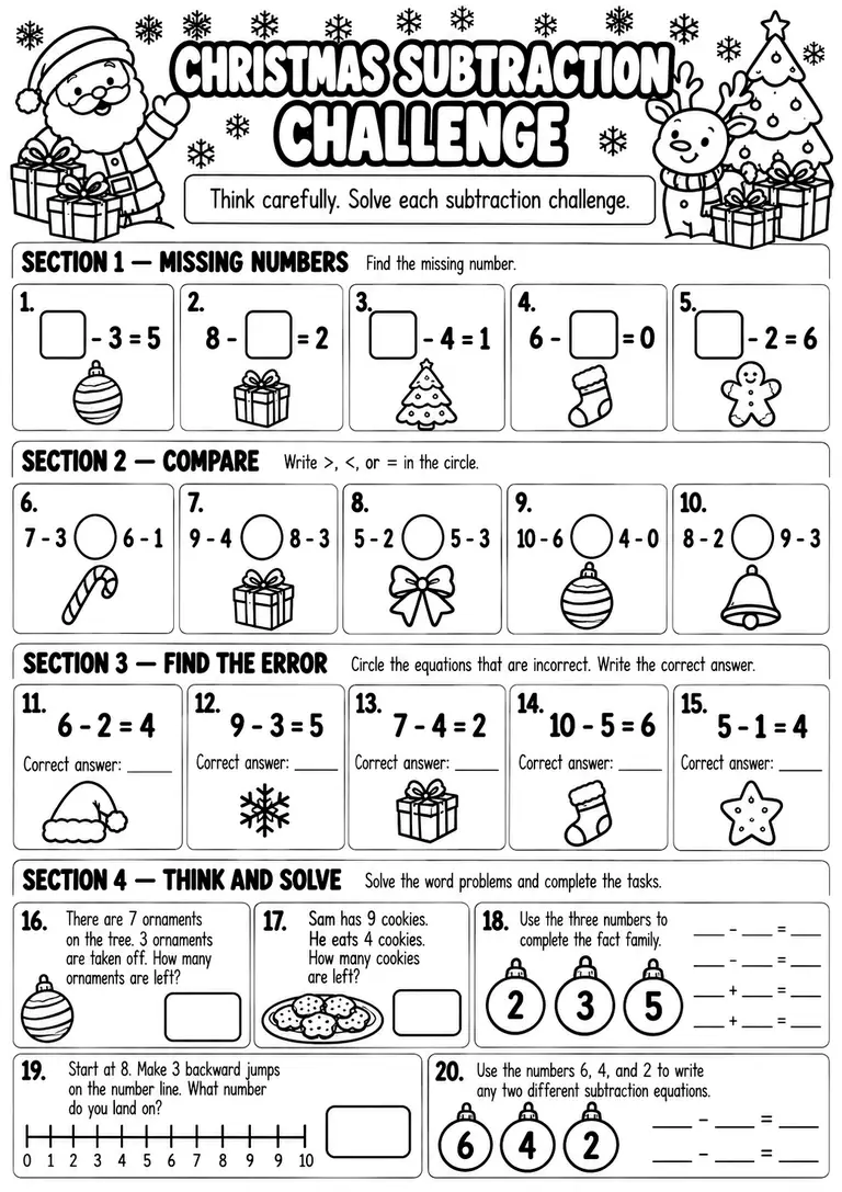 Christmas Subtraction Challenge for Kindergarten, 1st Grade