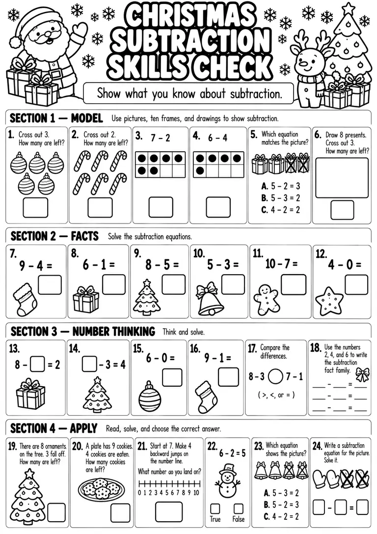 Christmas Subtraction Skills Check for Kindergarten, 1st Grade