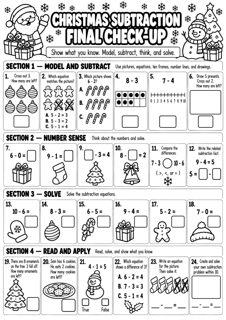 Christmas Subtraction Final Check-Up for Kindergarten, 1st Grade