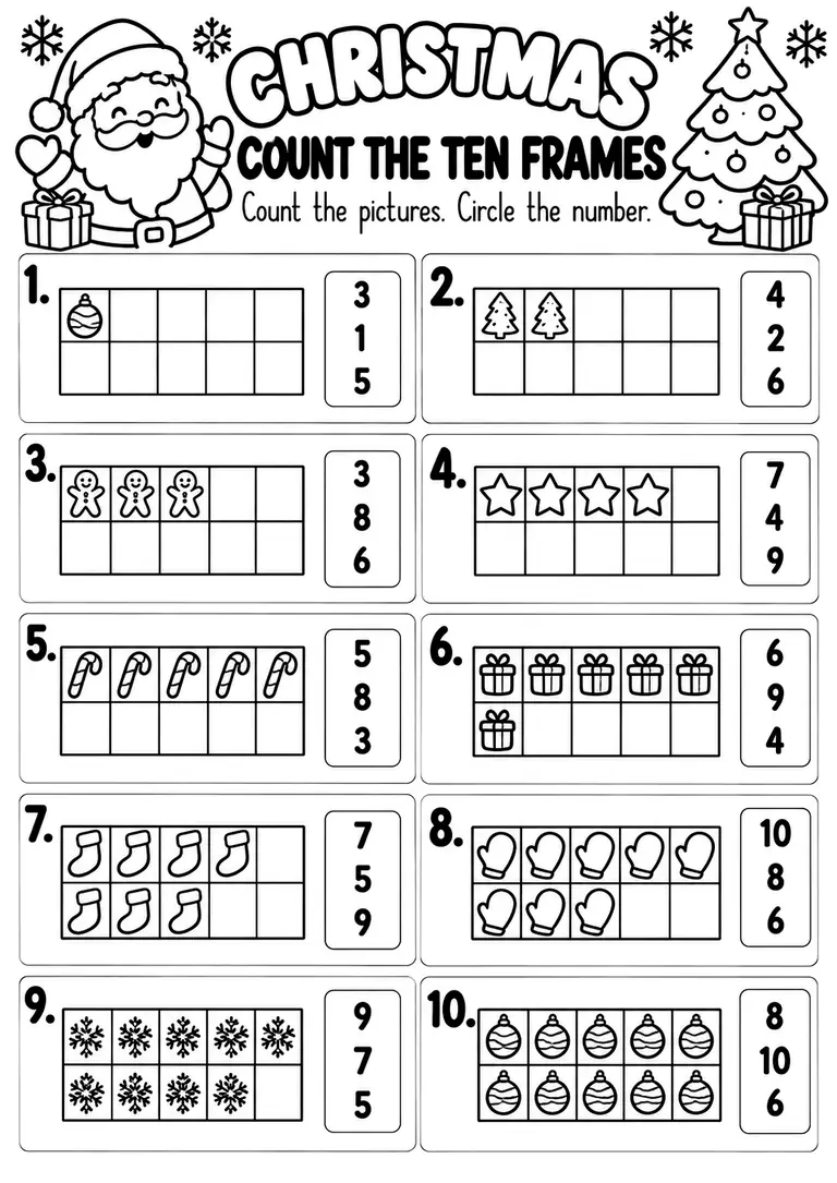 Christmas Count the Ten Frames for Pre-K, Kindergarten, 1st Grade