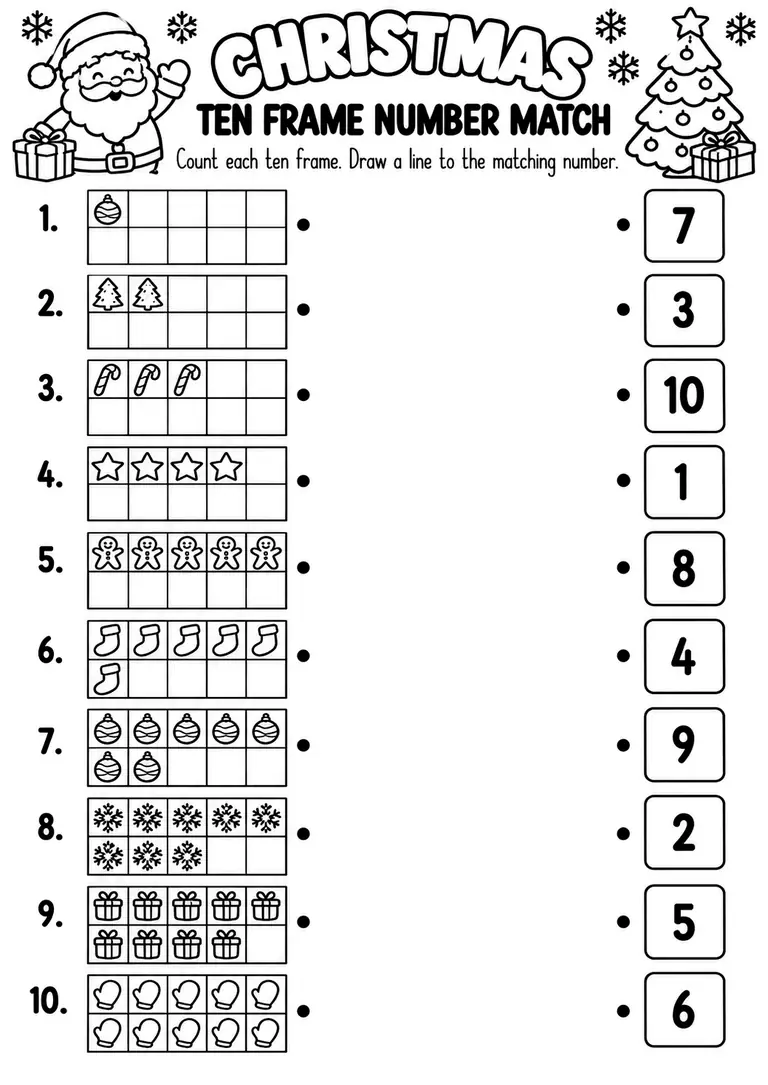 Christmas Ten Frame Number Match for Pre-K, Kindergarten, 1st Grade