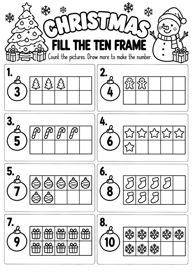 Christmas Fill the Ten Frame WORKSHEET for Pre-K, Kindergarten, 1st Grade