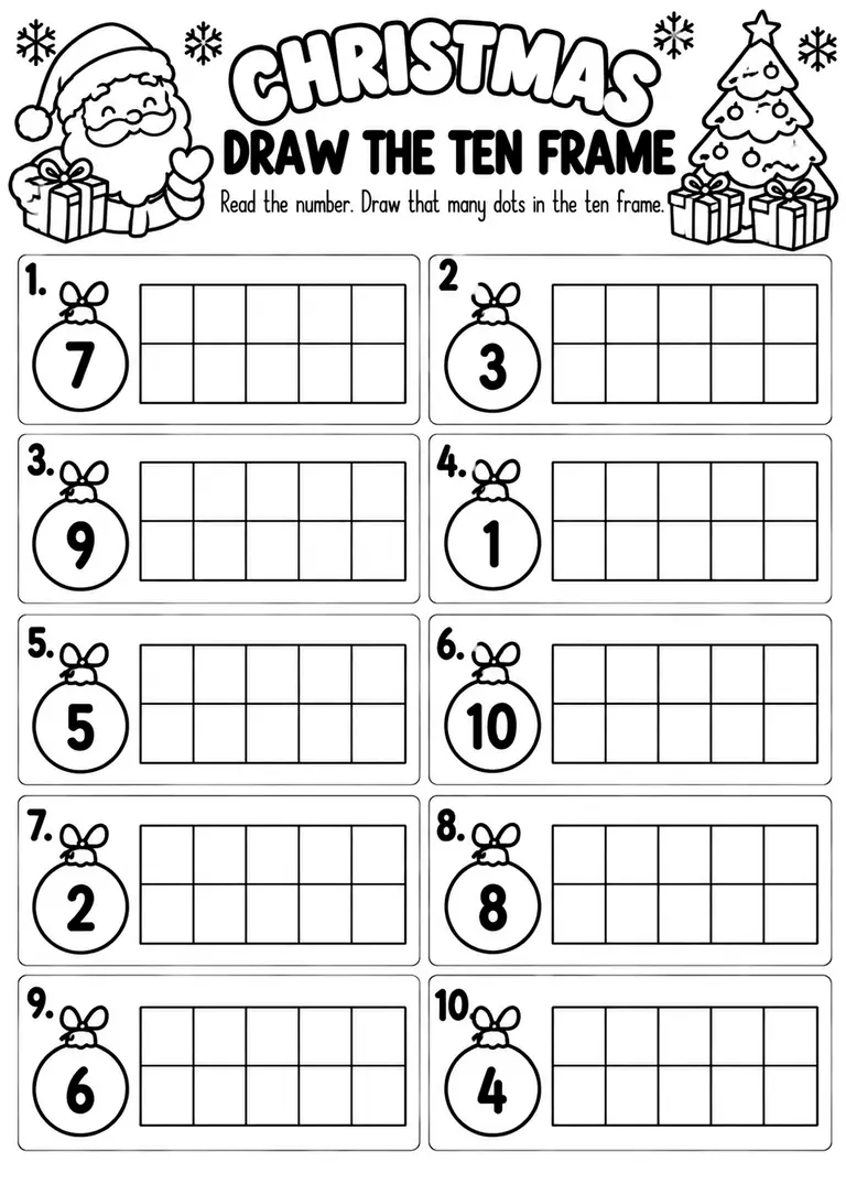 Christmas Draw the Ten Frame for Pre-K, Kindergarten, 1st Grade