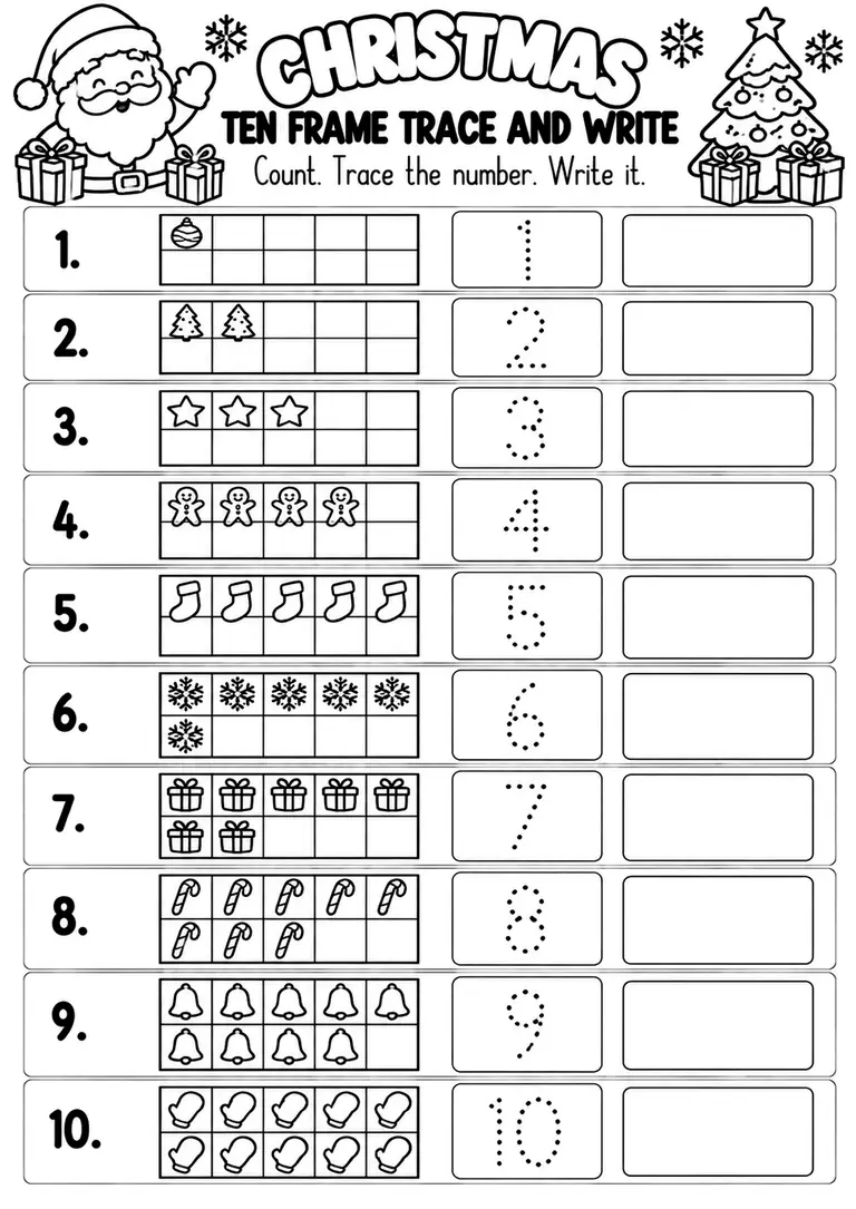 Christmas Ten Frame Trace and Write for Pre-K, Kindergarten, 1st Grade