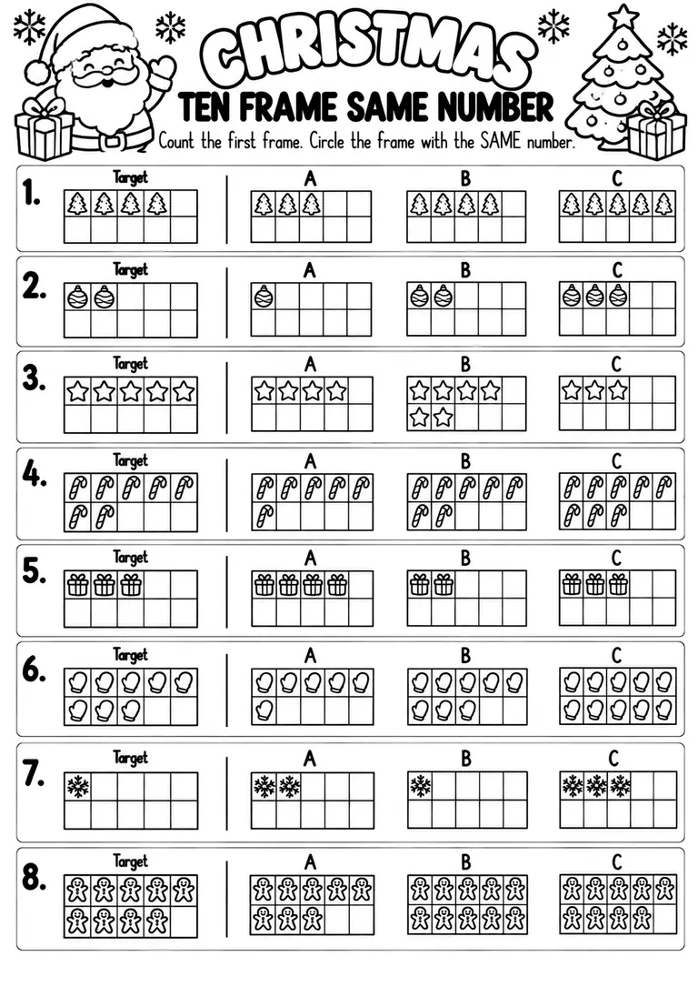 Christmas Ten Frame Same Number for Pre-K, Kindergarten, 1st Grade