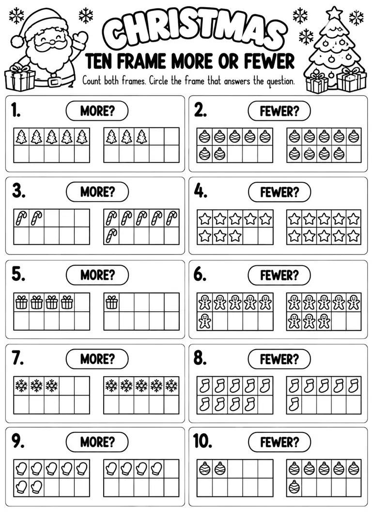 Christmas Ten Frame More or Fewer for Pre-K, Kindergarten, 1st Grade