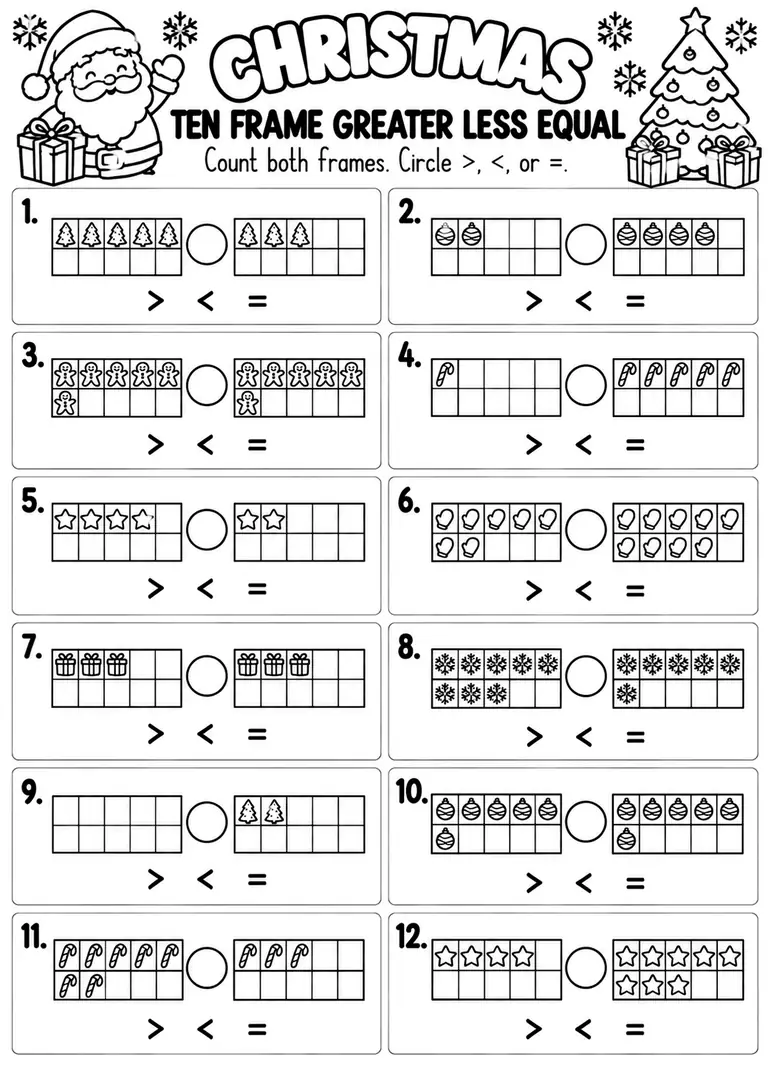 Christmas Ten Frame Greater Less Equal for Pre-K, Kindergarten, 1st Grade