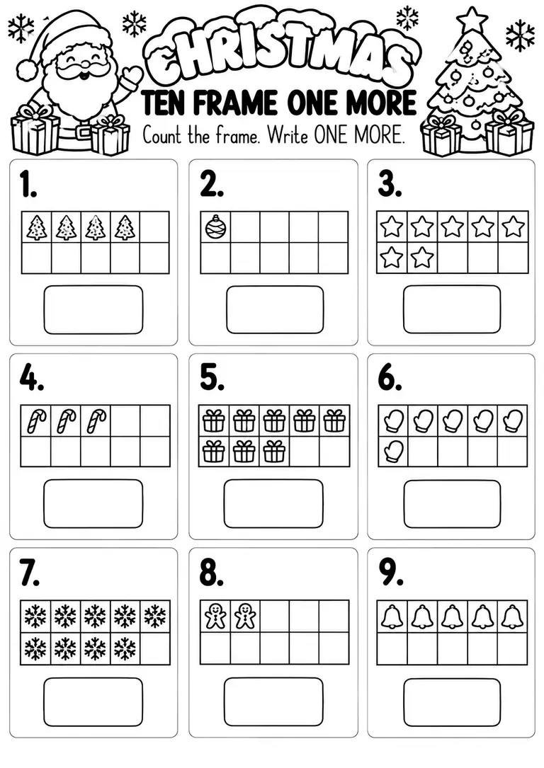 Christmas Ten Frame One More for Pre-K, Kindergarten, 1st Grade