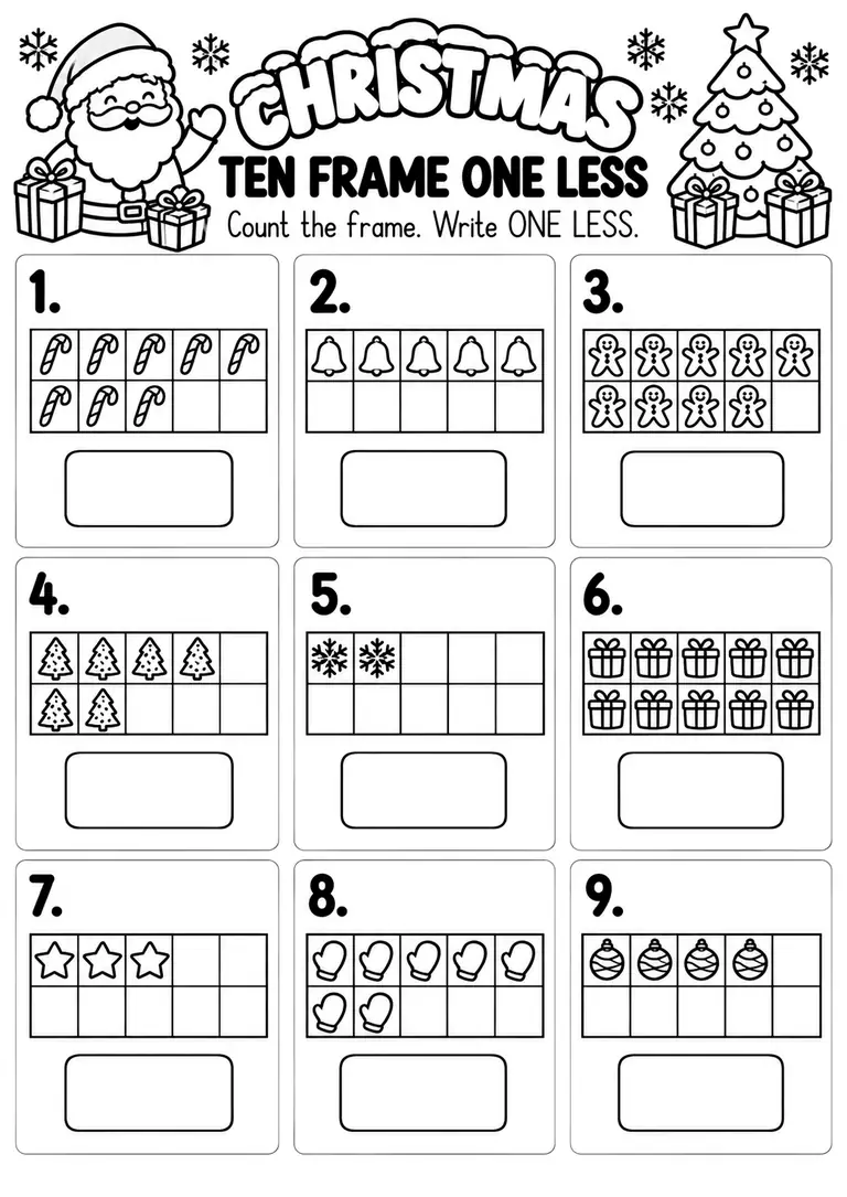 Christmas Ten Frame One Less for Pre-K, Kindergarten, 1st Grade