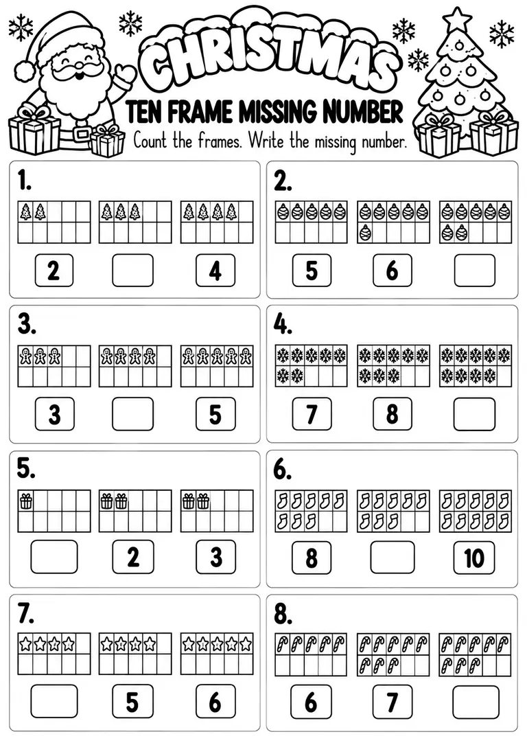 Christmas Ten Frame Missing Number for Pre-K, Kindergarten, 1st Grade