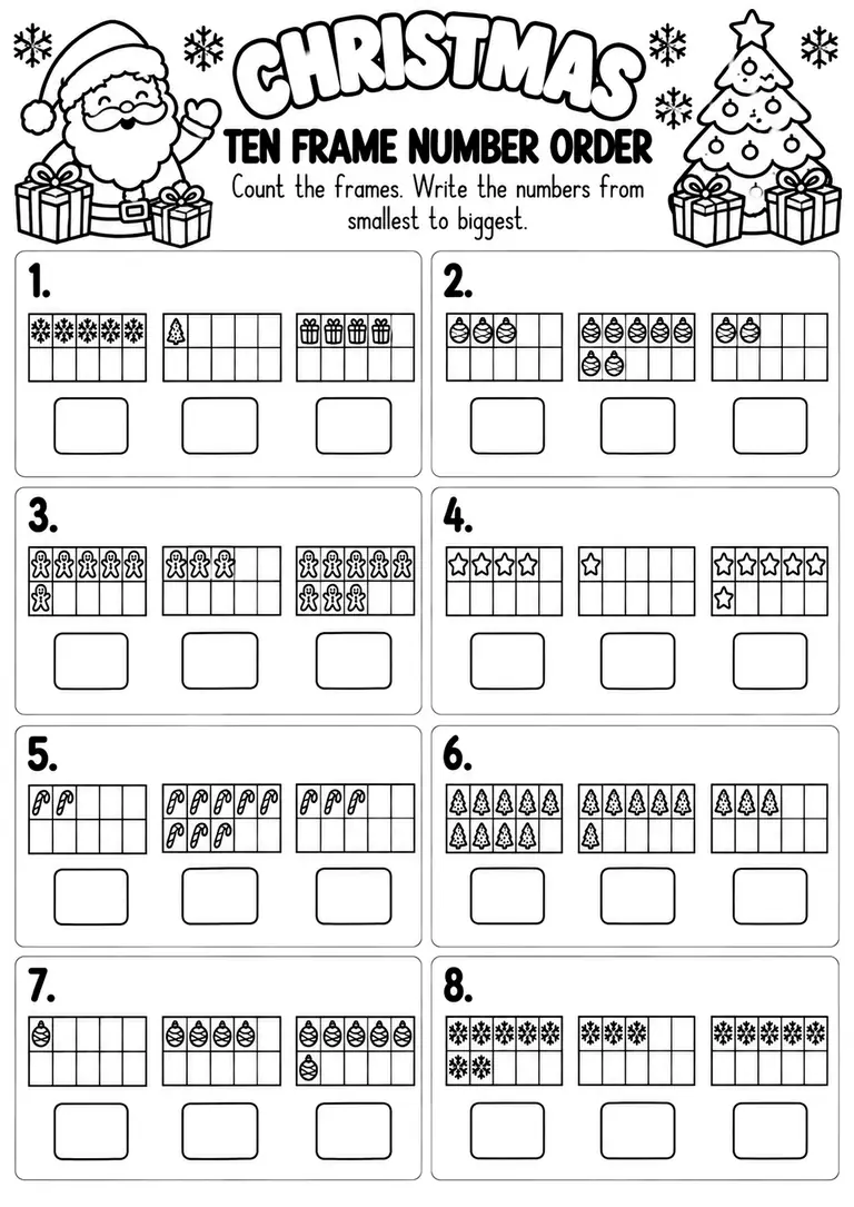 Christmas Ten Frame Number Order for Pre-K, Kindergarten, 1st Grade