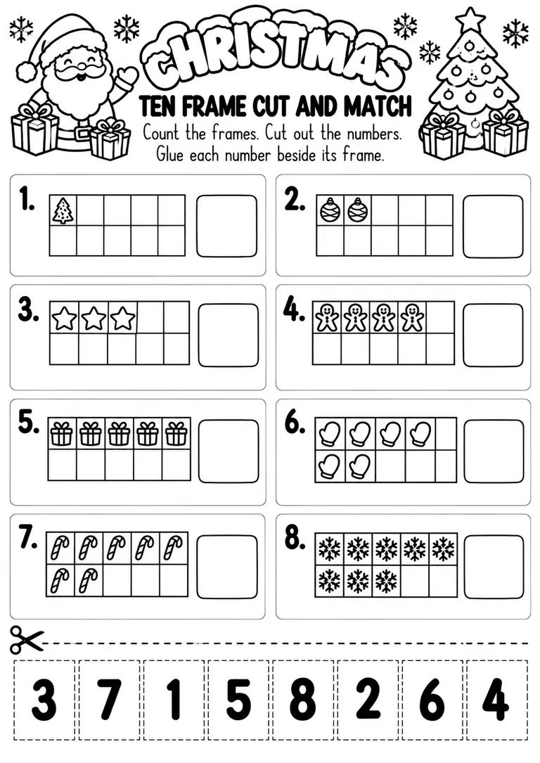 Christmas Ten Frame Cut and Match for Pre-K, Kindergarten, 1st Grade