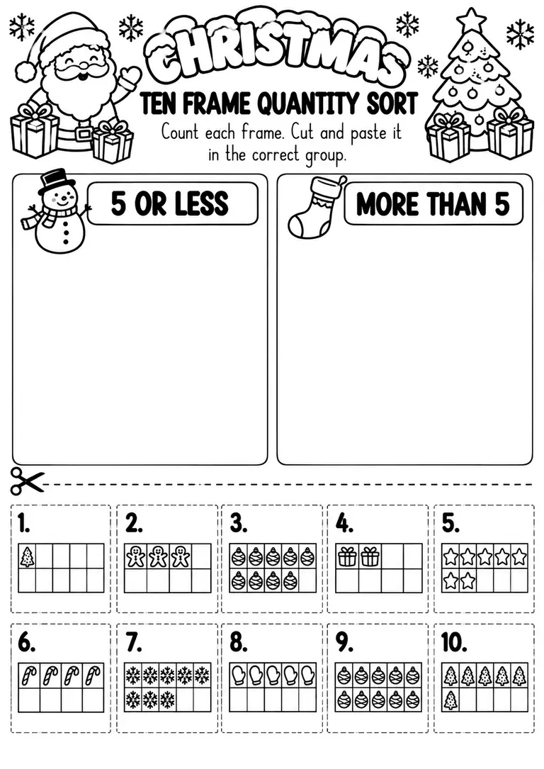 Christmas Ten Frame Quantity Sort for Pre-K, Kindergarten, 1st Grade
