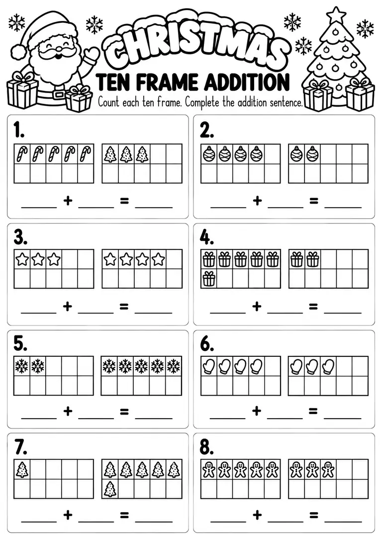 Christmas Ten Frame Addition for Pre-K, Kindergarten, 1st Grade