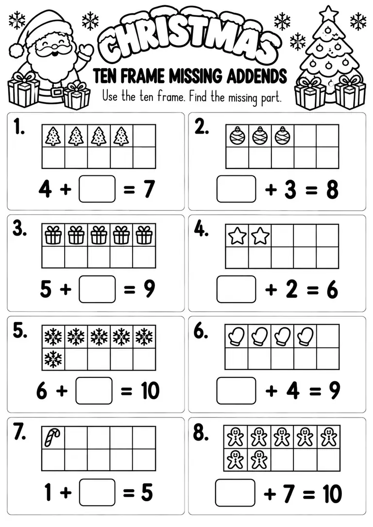 Christmas Ten Frame Missing Addends for Pre-K, Kindergarten, 1st Grade