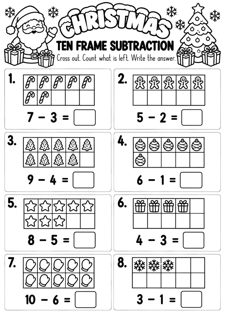 Christmas Ten Frame Subtraction for Pre-K, Kindergarten, 1st Grade