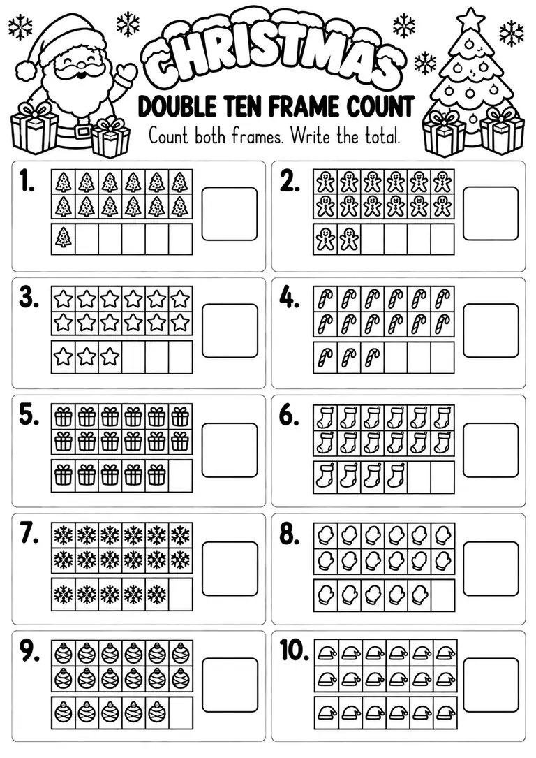 Christmas Double Ten Frame Count for Pre-K, Kindergarten, 1st Grade