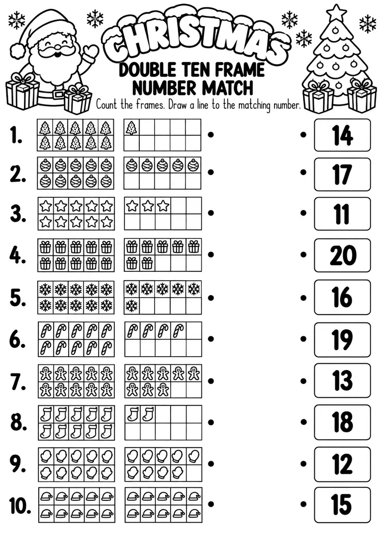 Christmas Double Ten Frame Number Match for Pre-K, Kindergarten, 1st Grade