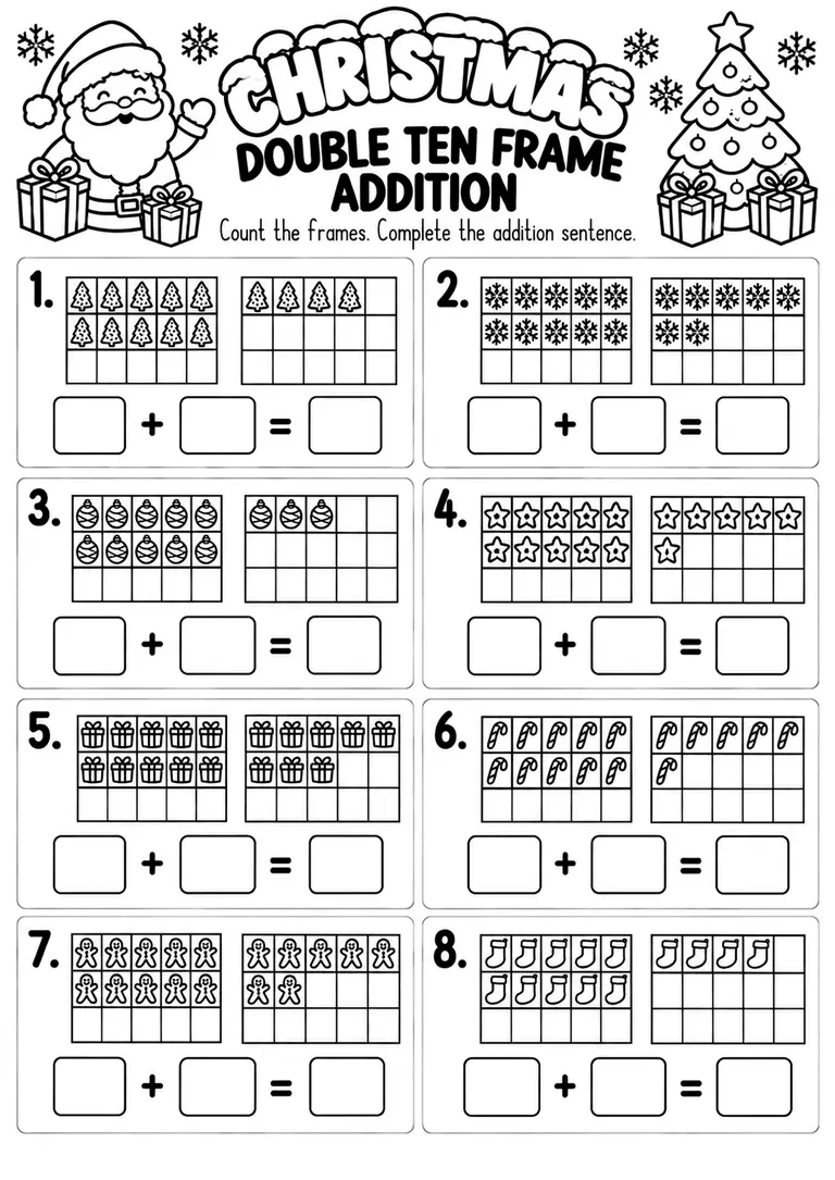 Christmas Double Ten Frame Addition for Pre-K, Kindergarten, 1st Grade