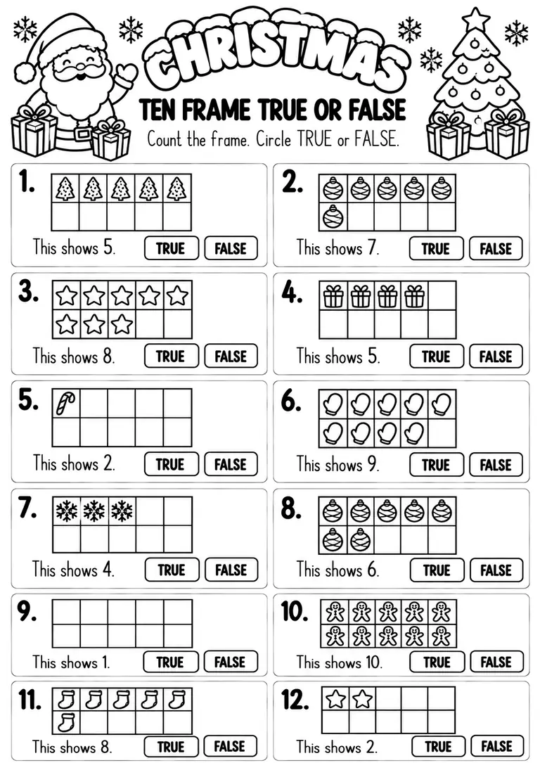 Christmas Ten Frame True or False for Pre-K, Kindergarten, 1st Grade
