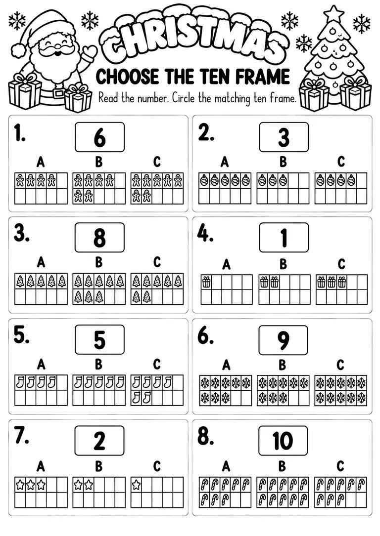 Christmas Choose the Ten Frame for Pre-K, Kindergarten, 1st Grade