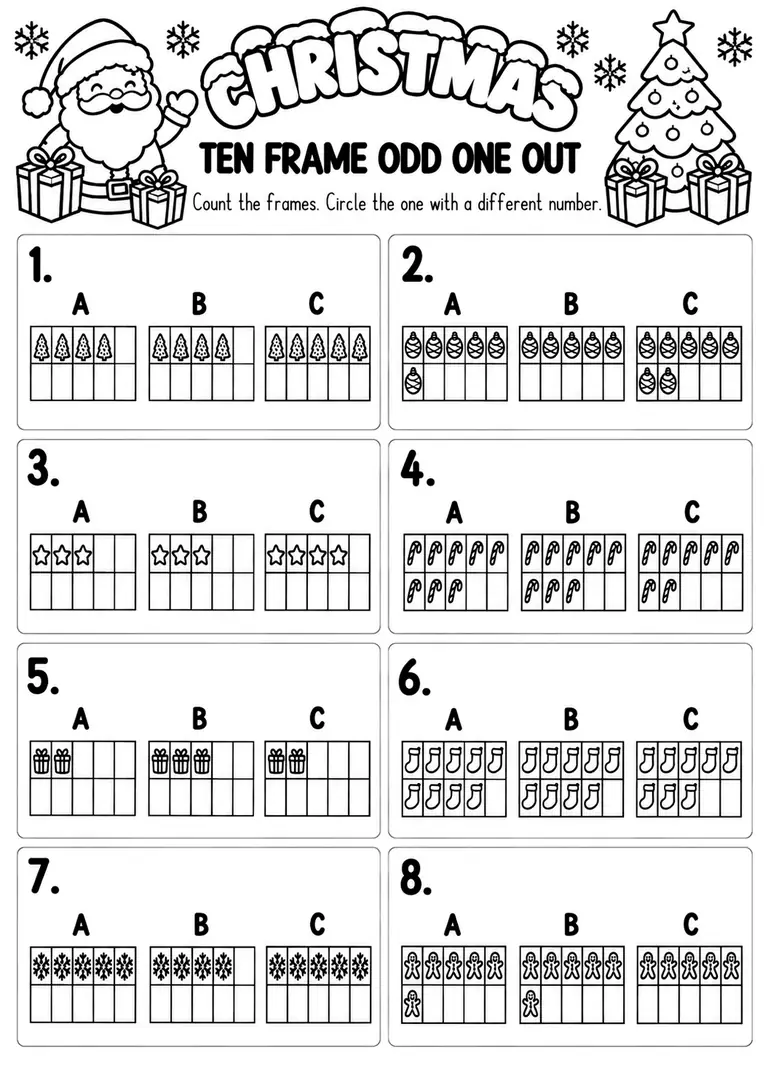 Christmas Ten Frame Odd One Out for Pre-K, Kindergarten, 1st Grade