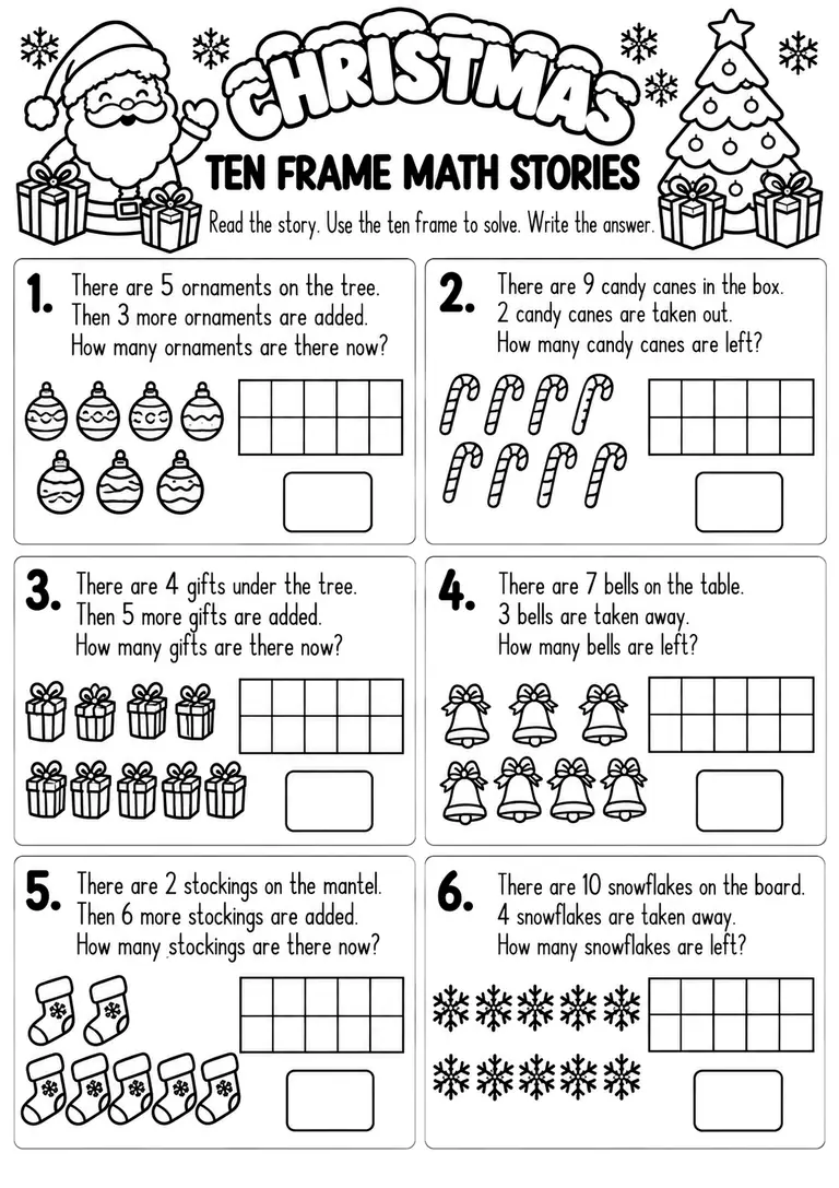 Christmas Ten Frame Math Stories for Pre-K, Kindergarten, 1st Grade