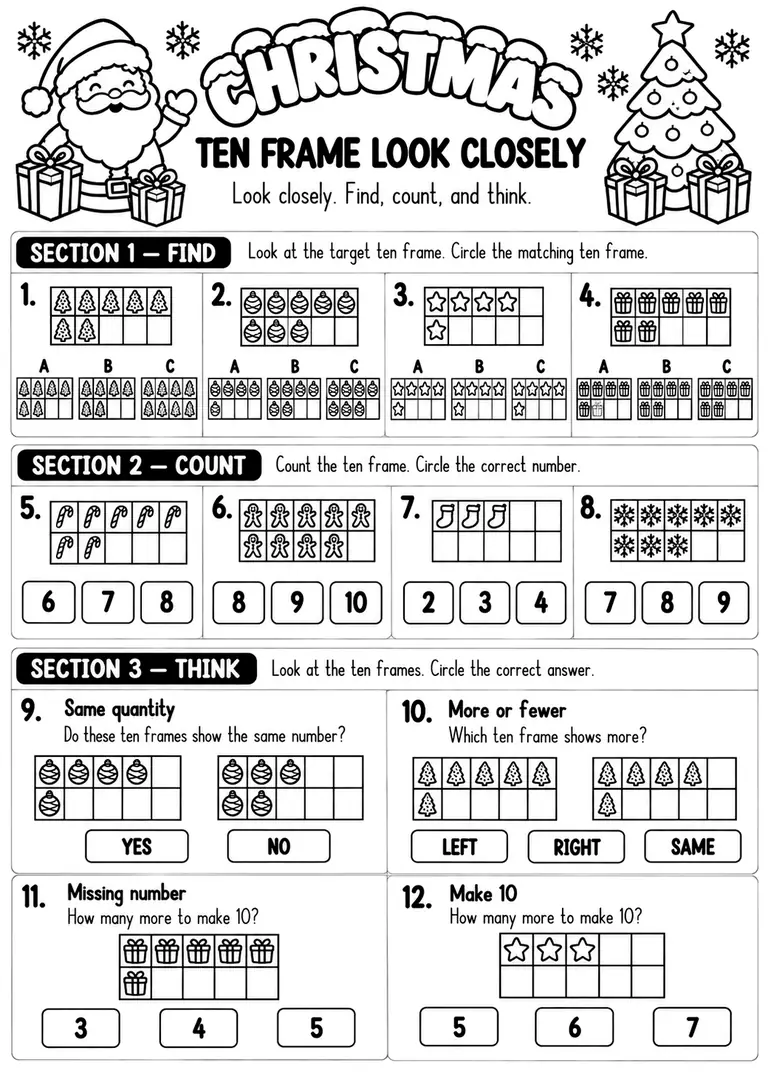 Christmas Ten Frame Look Closely for Pre-K, Kindergarten, 1st Grade