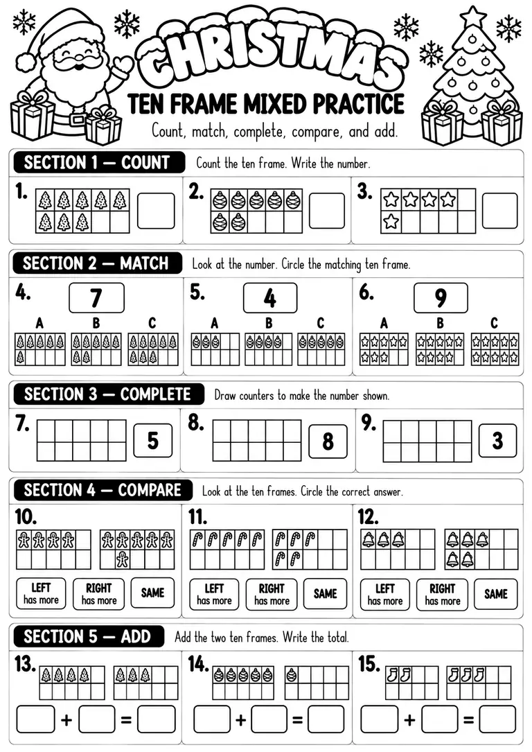 Christmas Ten Frame Mixed Practice for Pre-K, Kindergarten, 1st Grade