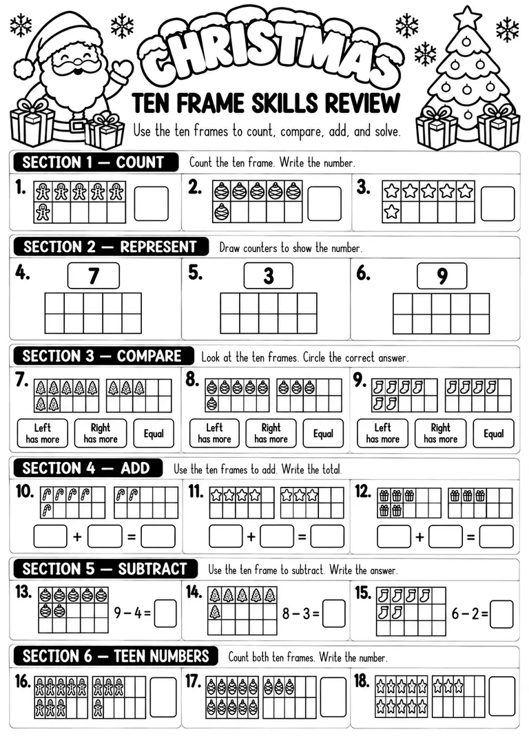 Christmas Ten Frame Skills Review for Pre-K, Kindergarten, 1st Grade