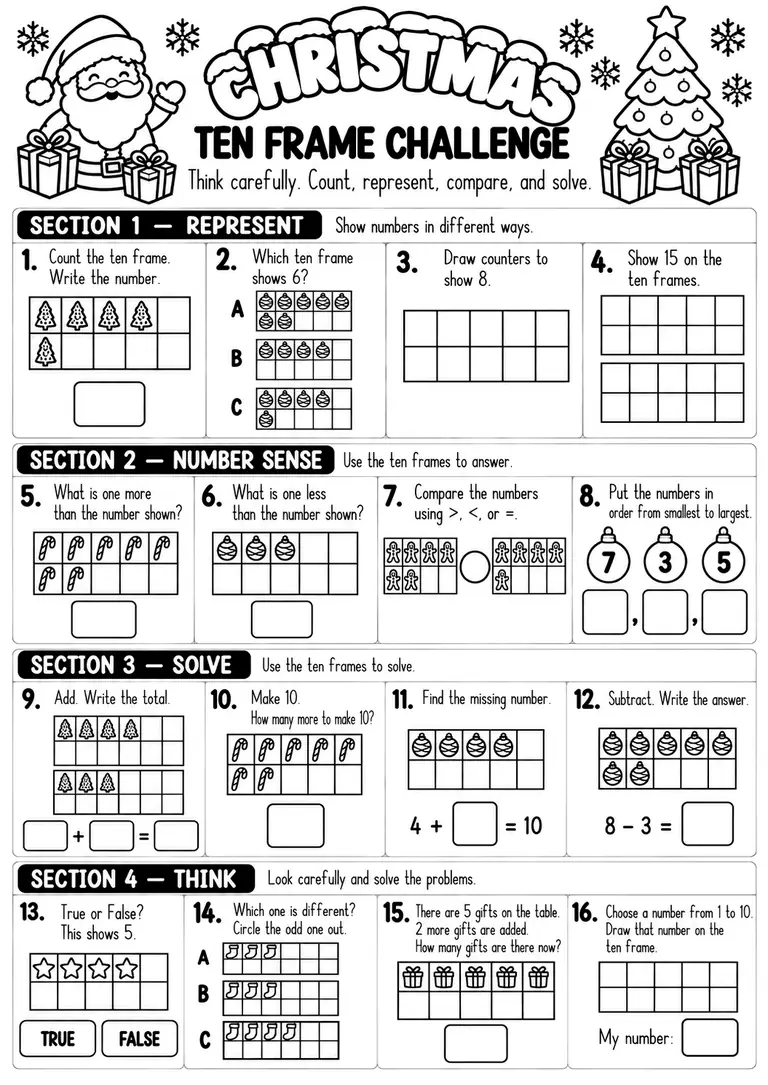 Christmas Ten Frame Challenge for Pre-K, Kindergarten, 1st Grade