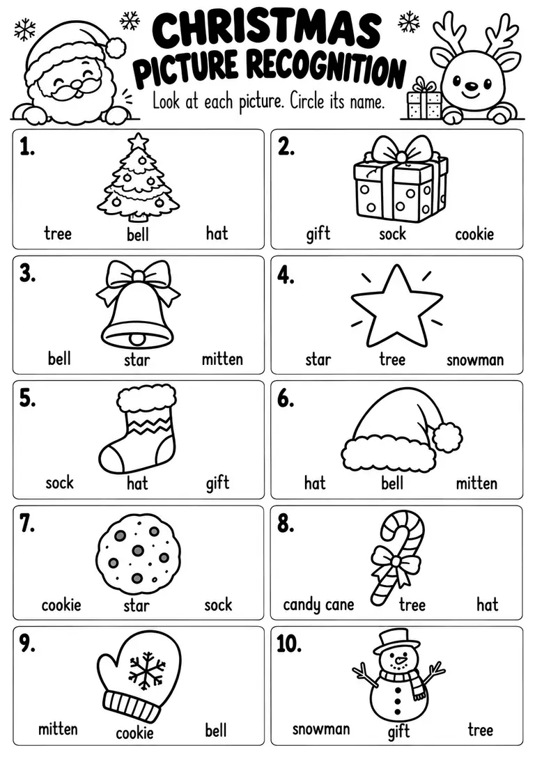 CHRISTMAS PICTURE RECOGNITION for Kindergarten, 1st Grade