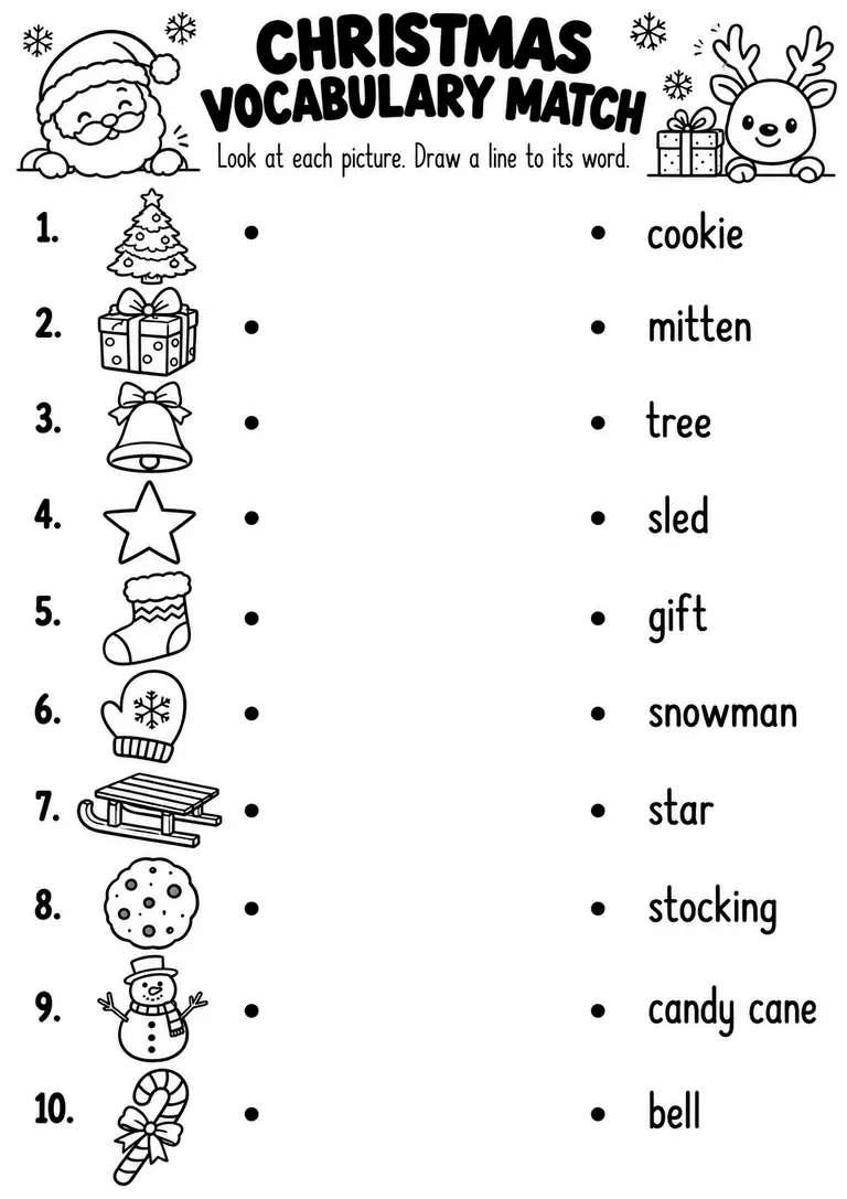 CHRISTMAS VOCABULARY MATCH for Kindergarten, 1st Grade