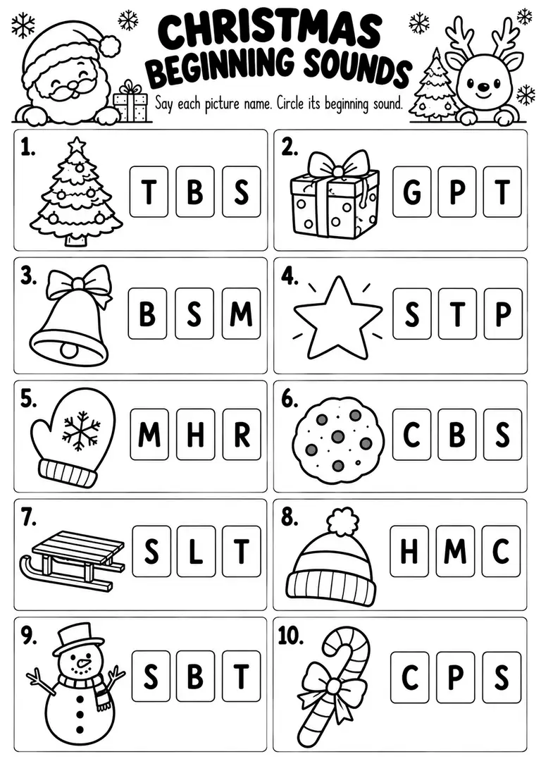 CHRISTMAS BEGINNING SOUNDS for Kindergarten, 1st Grade