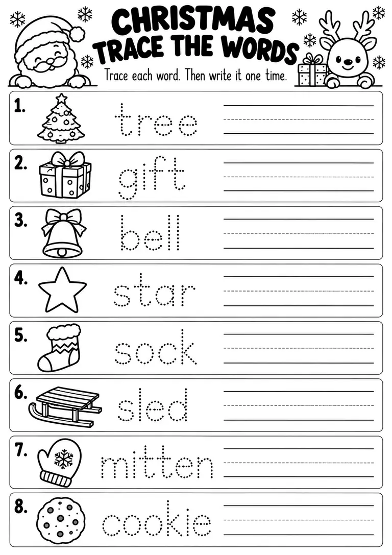 CHRISTMAS TRACE THE WORDS for Kindergarten, 1st Grade