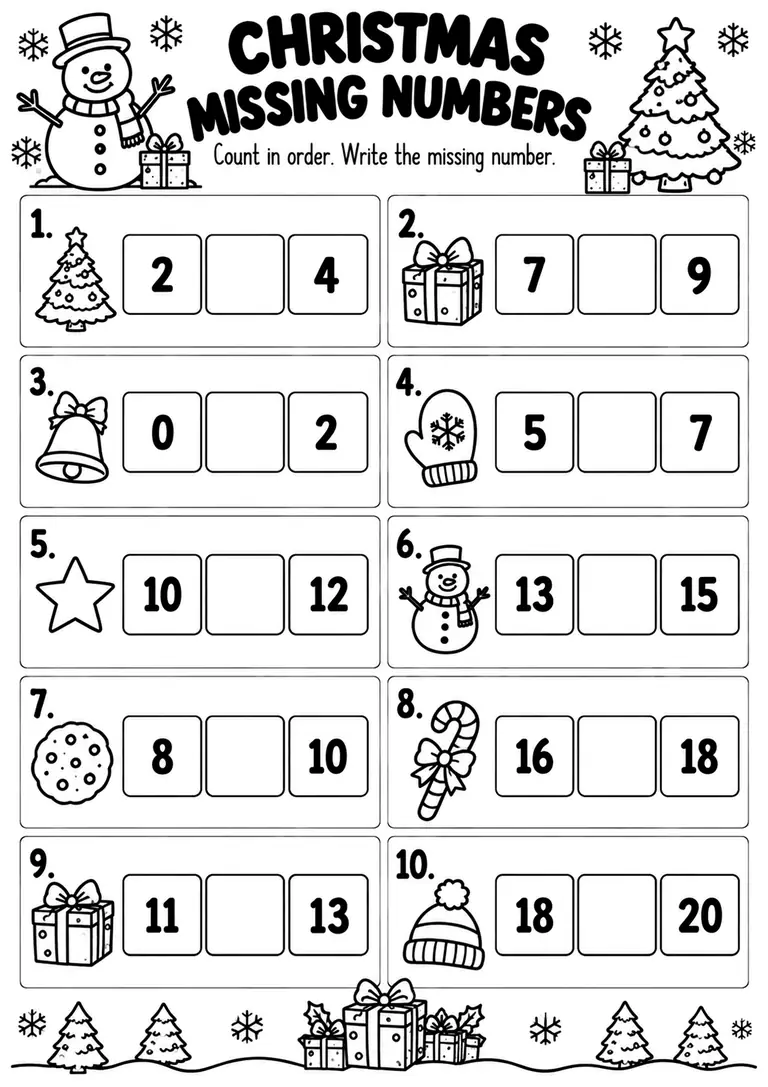 CHRISTMAS MISSING NUMBERS for Kindergarten, 1st Grade