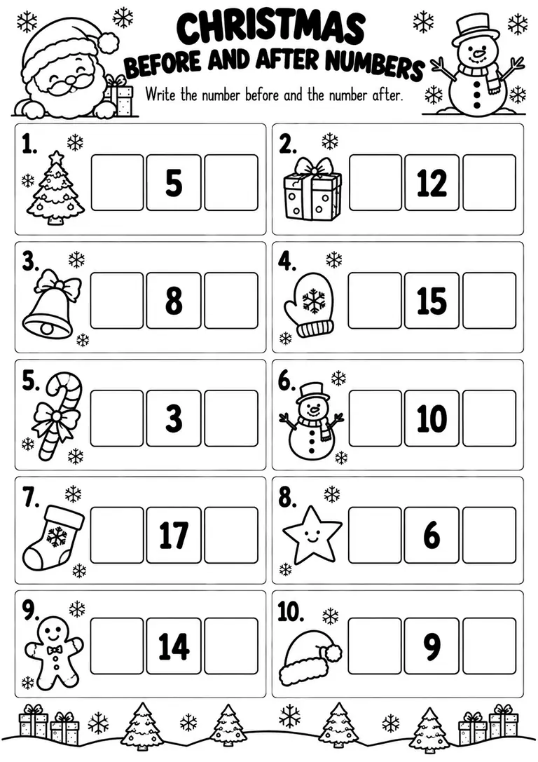 CHRISTMAS BEFORE AND AFTER NUMBERS for Kindergarten, 1st Grade