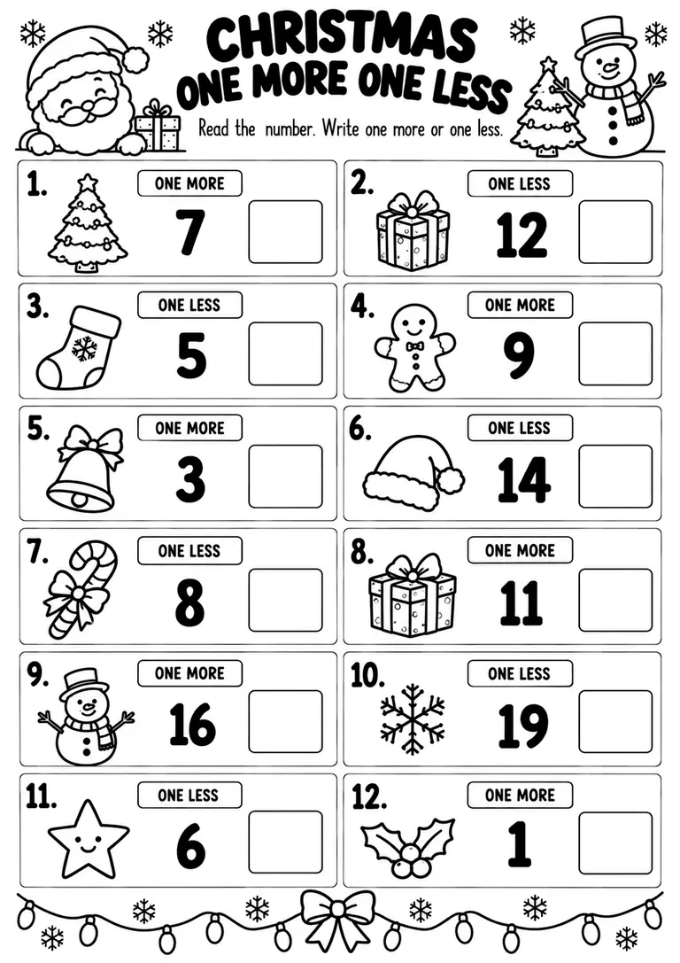 CHRISTMAS ONE MORE ONE LESS for Kindergarten, 1st Grade