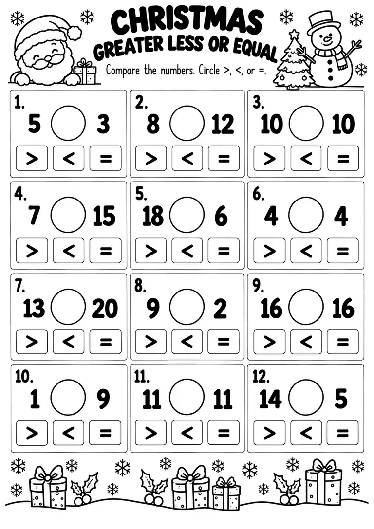 CHRISTMAS GREATER LESS OR EQUAL for Kindergarten, 1st Grade