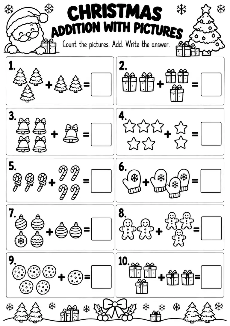 CHRISTMAS ADDITION WITH PICTURES for Kindergarten, 1st Grade
