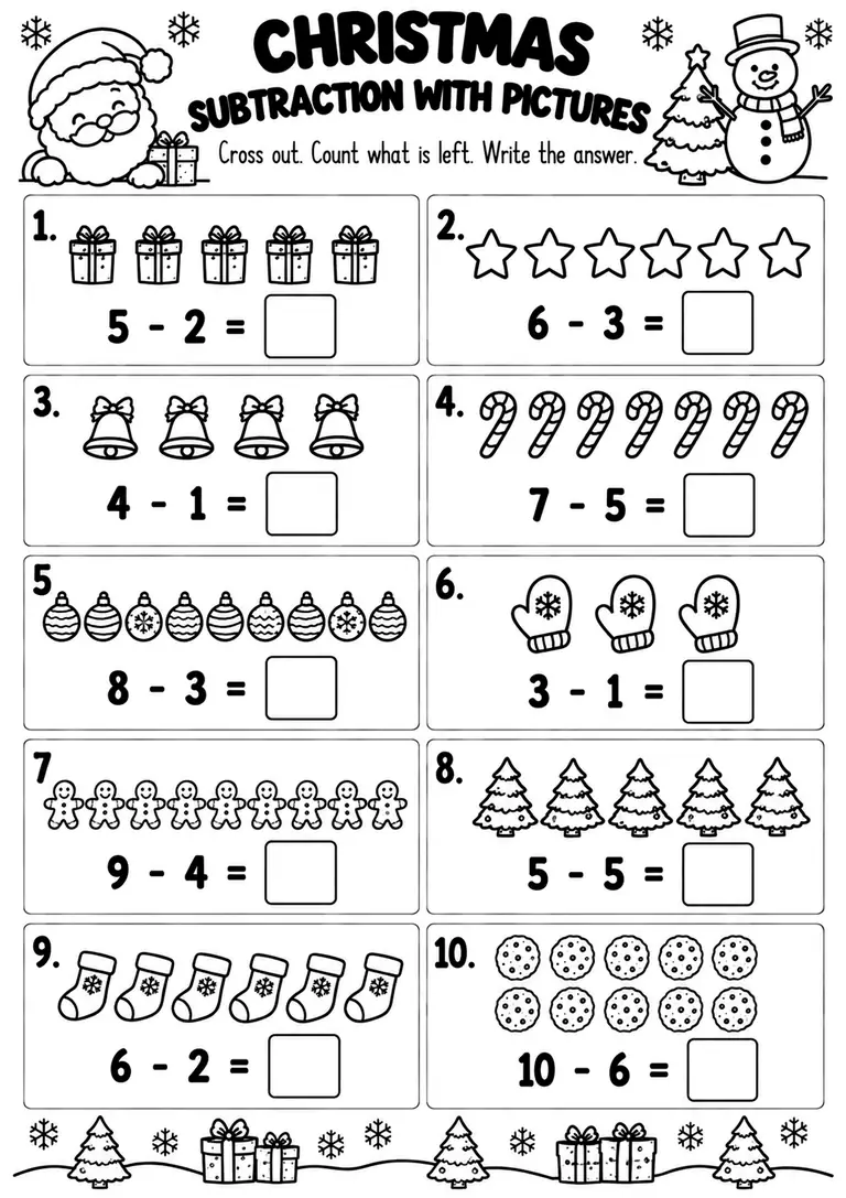 CHRISTMAS SUBTRACTION WITH PICTURES for Kindergarten, 1st Grade
