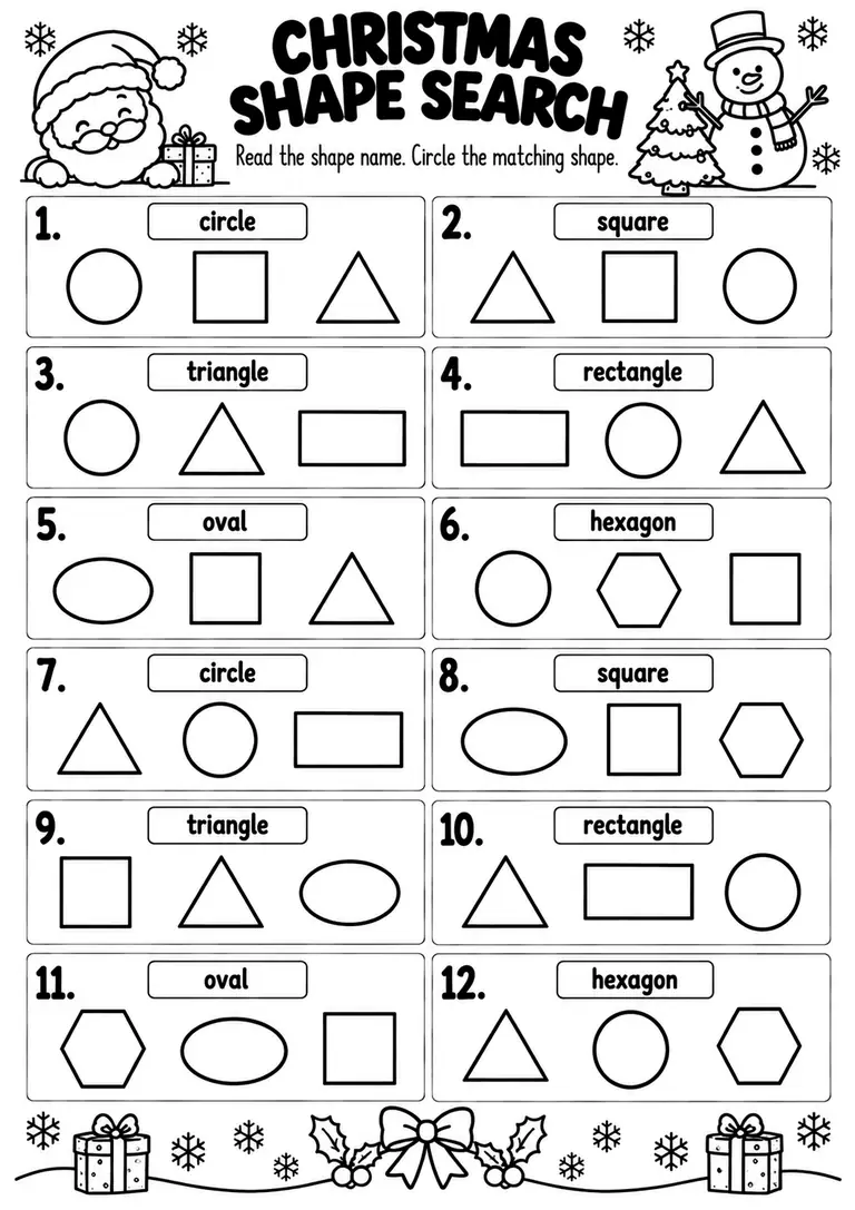 CHRISTMAS SHAPE SEARCH for Kindergarten, 1st Grade